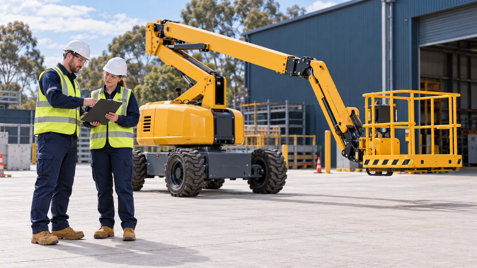 Illustrative image of workers beside a boom-type elevating work platform