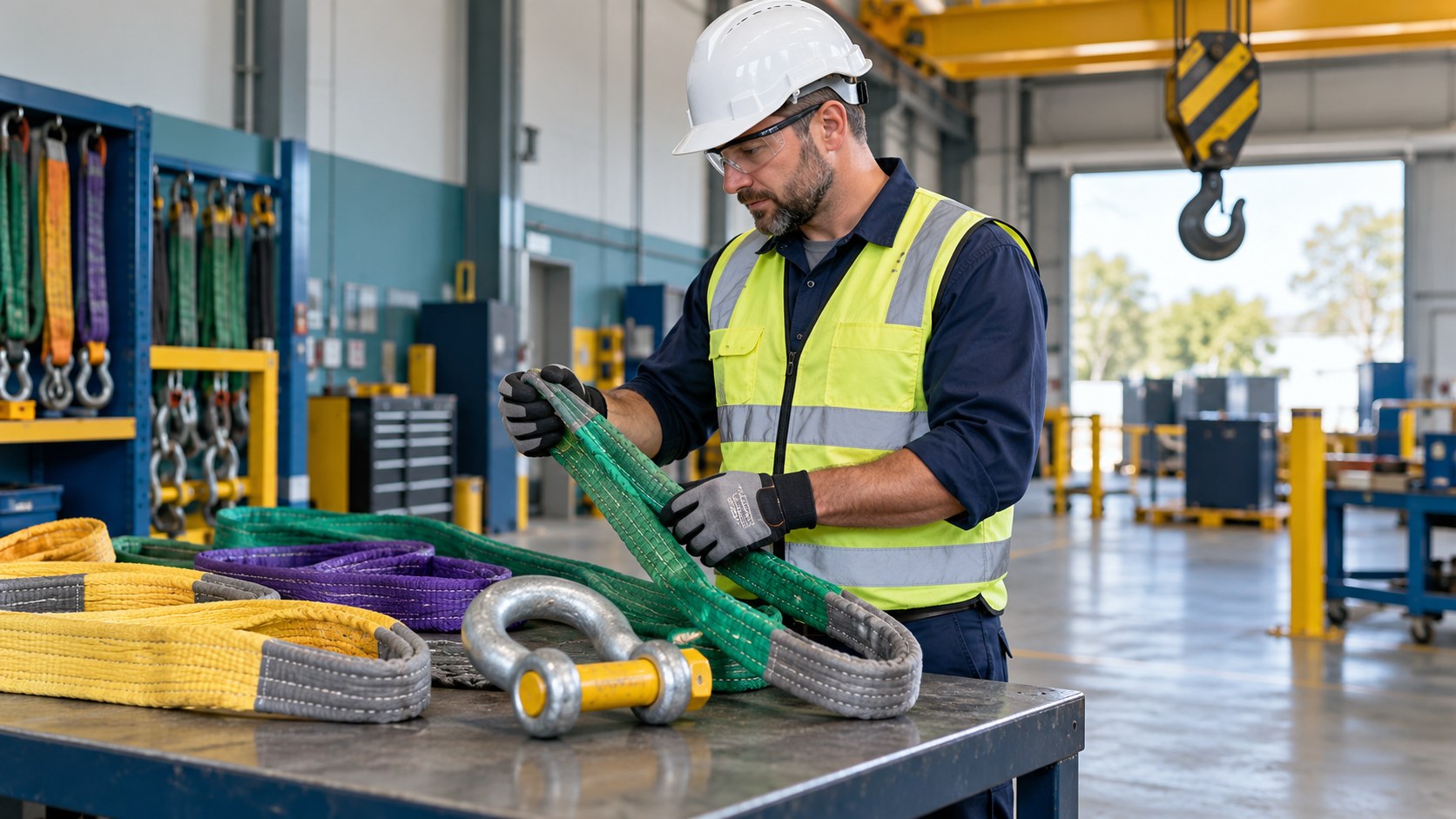 Illustrative image of a worker inspecting lifting slings and rigging