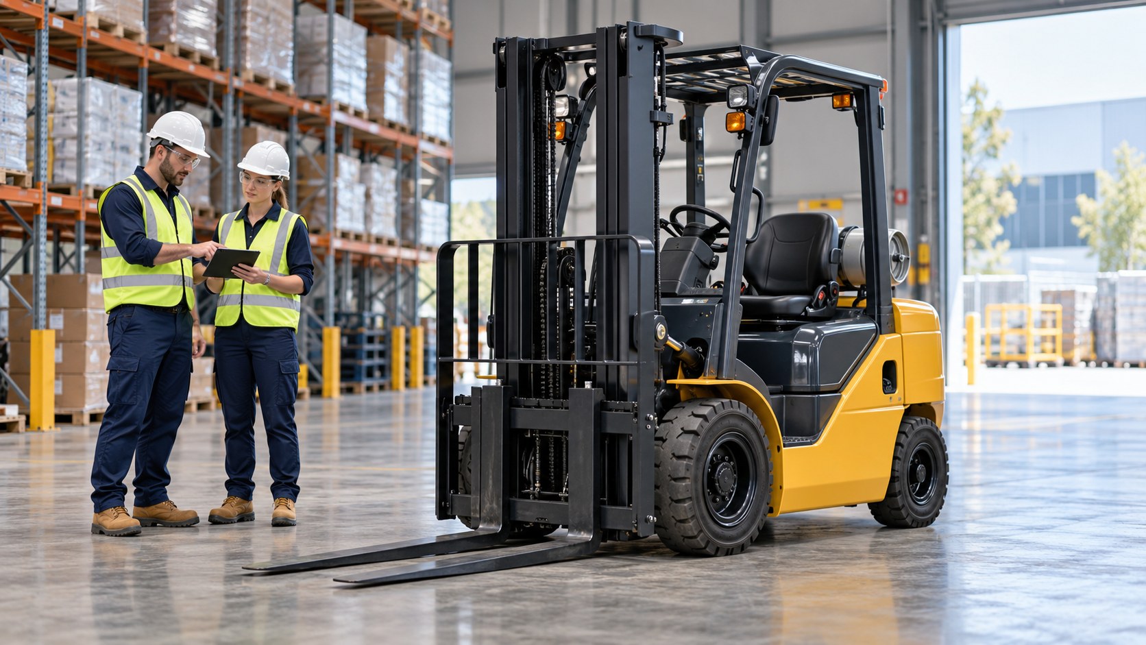 Illustrative image of workers reviewing a checklist beside a warehouse forklift