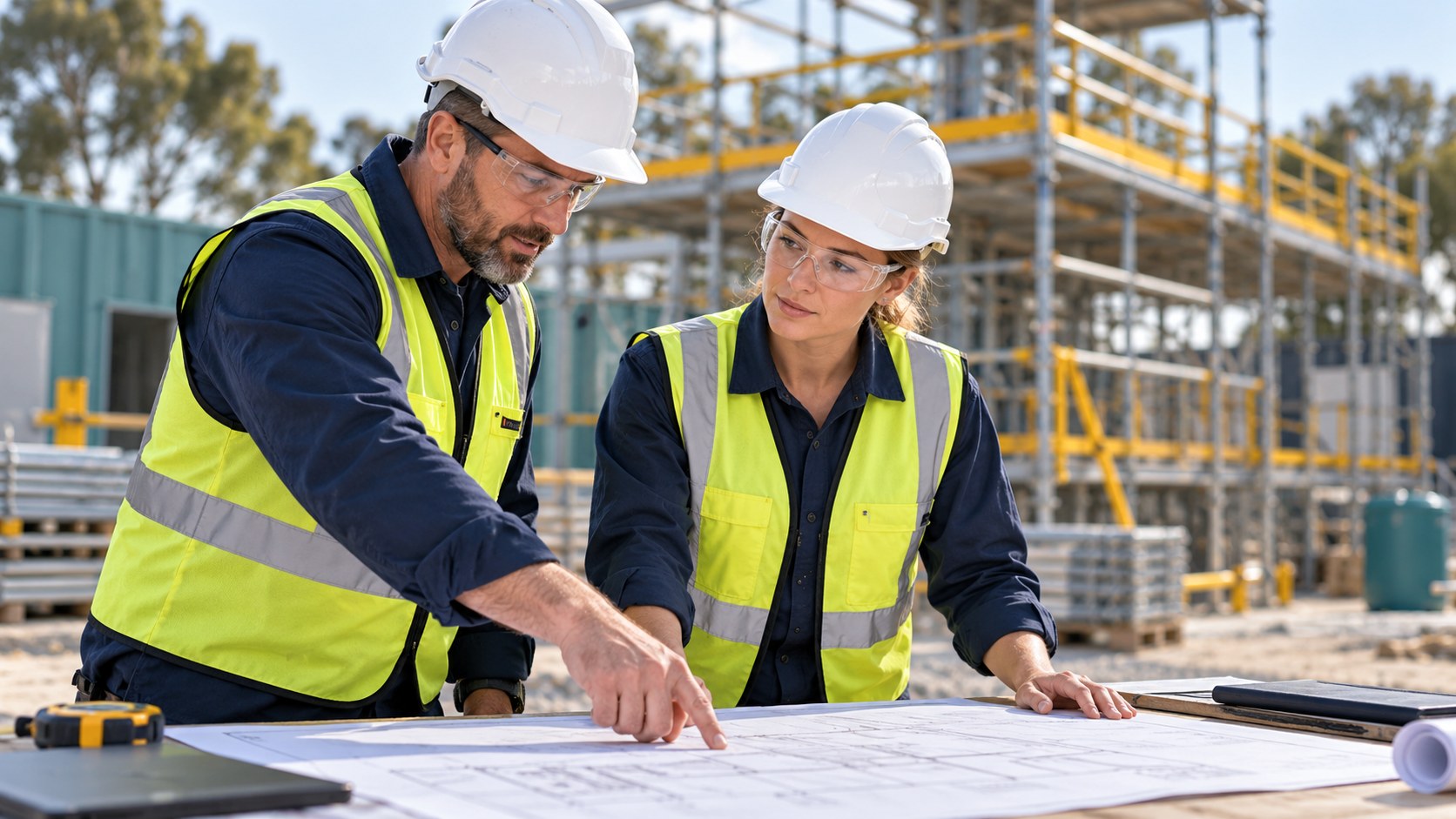 Illustrative image of two workers reviewing a site plan for height hazards