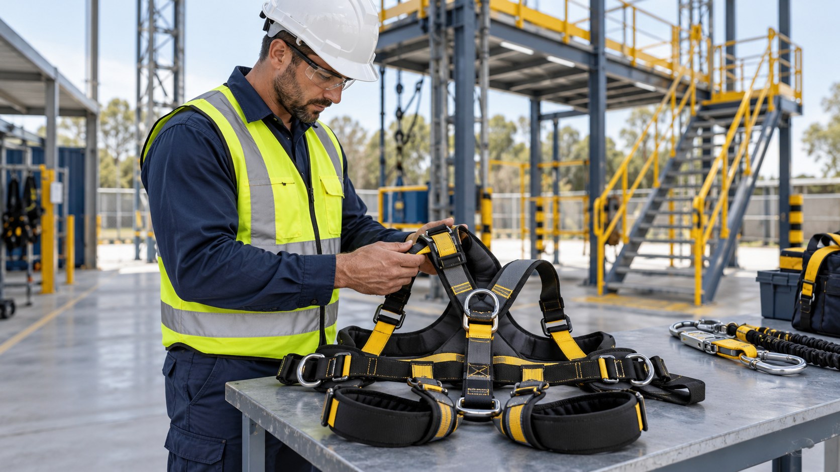 Illustrative image of a worker inspecting fall-protection equipment